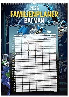 NOTIQUE Calendrier mural XXL 2026 – Planning mensuel utilisable comme planificateur familial avec 6 colonnes – Calendrier mensuel – 33 x 46 cm (Batman)